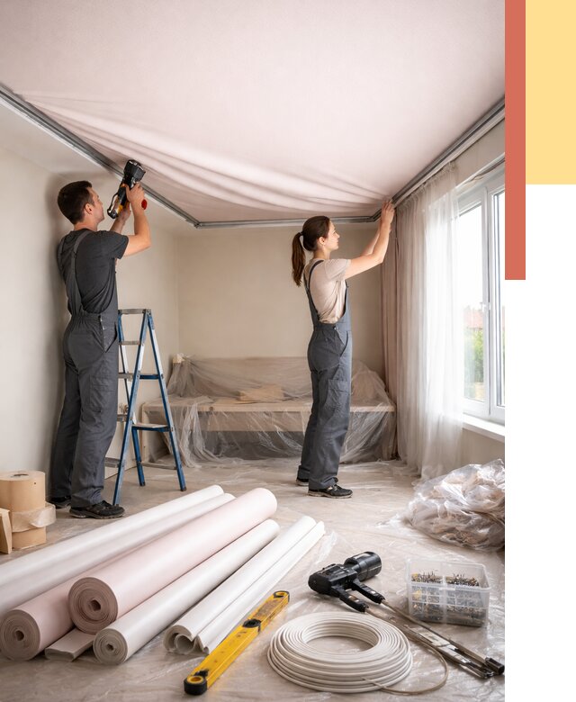 Монтаж цветного натяжного потолка в Калининграде от 4250 руб/м² — быстро и недорого | ОТДЕЛОЧНИК-Клн