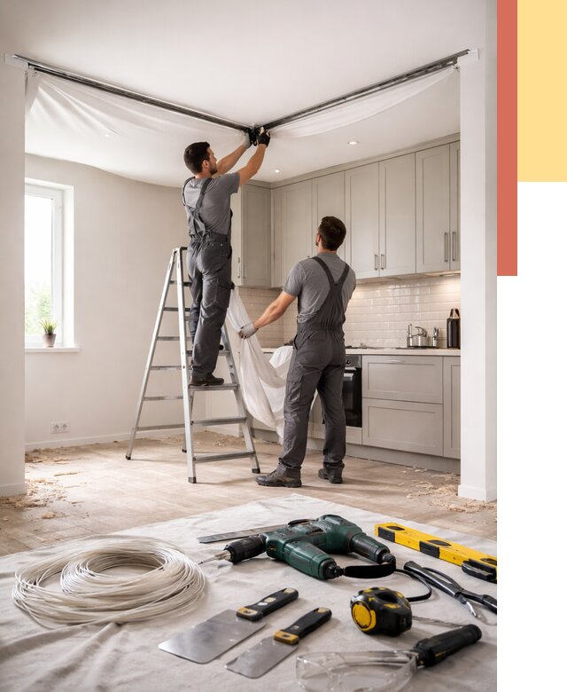 Установка натяжного потолка на кухне в Калининграде от 2428 руб. | ОТДЕЛОЧНИК-Клн