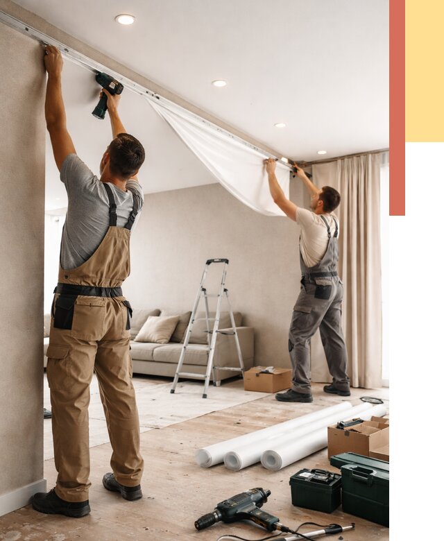 Монтаж натяжного потолка в гостиной в Калининграде от 556 руб. | ОТДЕЛОЧНИК-Клн